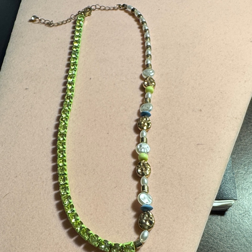 Charming Green and Gold Beaded Necklace 8” without 3” Ext.